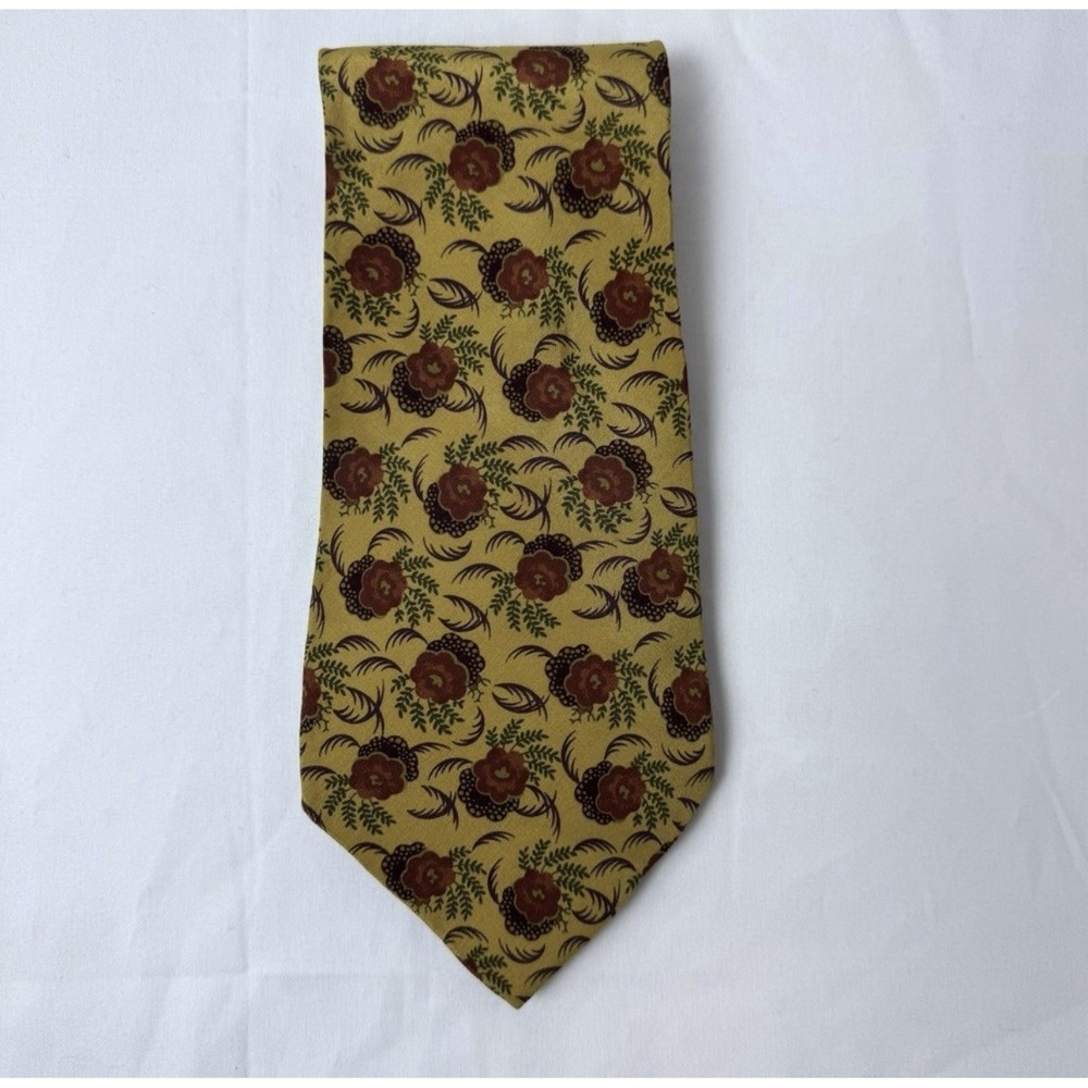 Chaps Ralph‎ Lauren Silk Floral Tie Yellow Gold With Flower Print Retro Formal
